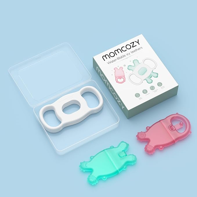 Momcozy Baby Teether Toys, Water Fillable Silicone Cold Baby Teething Toys Chill Teether, Baby Water Teether for Teething Relief 0-12 Months, Green and Pink 2 Pcs