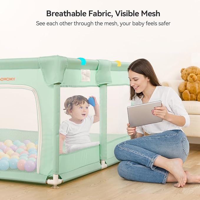 COMOMY Playpens for Babies and Toddlers, Small Baby Play Pens, Activity Center for Baby Safe and Non-Slip Baby Fence, Full Mesh Design, Indoor & Outdoor Kids Activity Center (Dark Green, 50"x50")