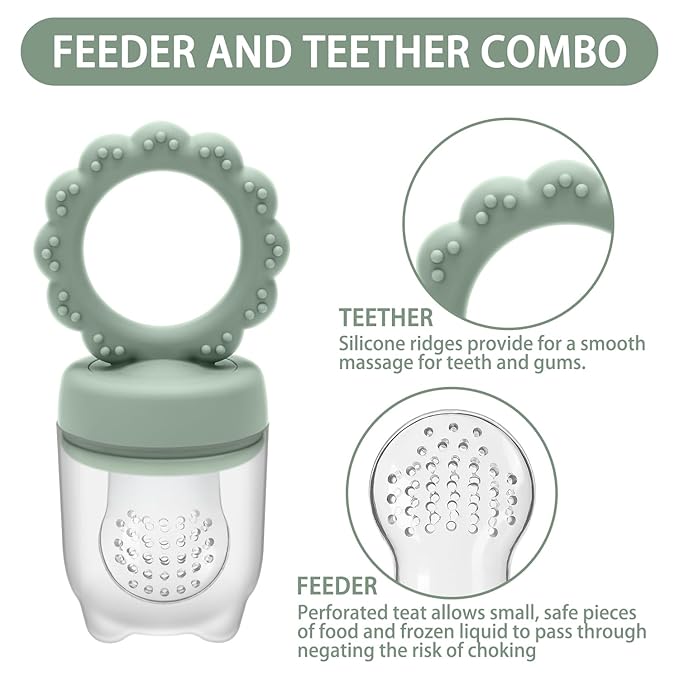 Baby Silicone Fruit Food Feeder Pacifier & Breastmilk Popsicle Freezer Molds,BPA Free Baby Food Storage Containers Frozen Ice Tray for Baby Feeding Safely, Infant Fruit Teething Toy (Green)