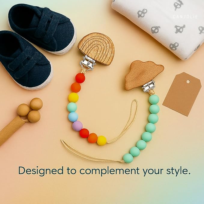 Wood Paci Clips 2 Pack for Baby Girl & Boy, Premium Flexible Bead Design, Universal Fit, Safe Pacifier Holder