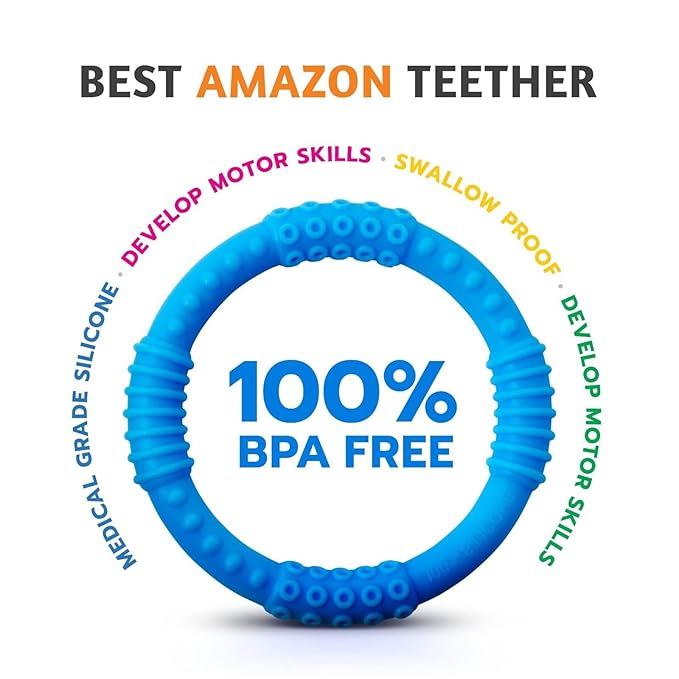 Baby Teething Ring Sensory Teether Silicone Pacifier - Soothe Gum Pain - Sensory Chew Toy 100% BPA Free - Toddler Comforter Infant Dummie - Safe Bite Teeth - Blue Ring 3.5"