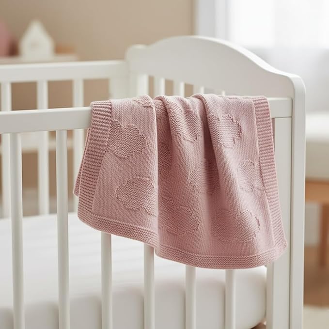 Baby Knit Blanket Cloud Pattern – 100% Cotton Soft Lightweight Receiving Blanket for Newborn Infant Toddler Boy Girl, Warm Cozy Nursery Crib Blanket, Stroller Cover