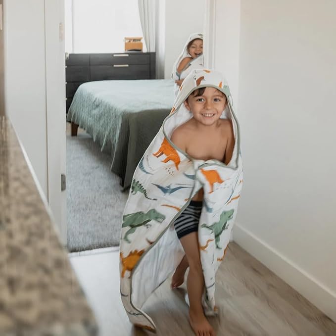 Little Unicorn Premium Hooded Bath Towel| Absorbent Cotton & Terry Blend | Larger Size, 1-6 Years (Dino Names)