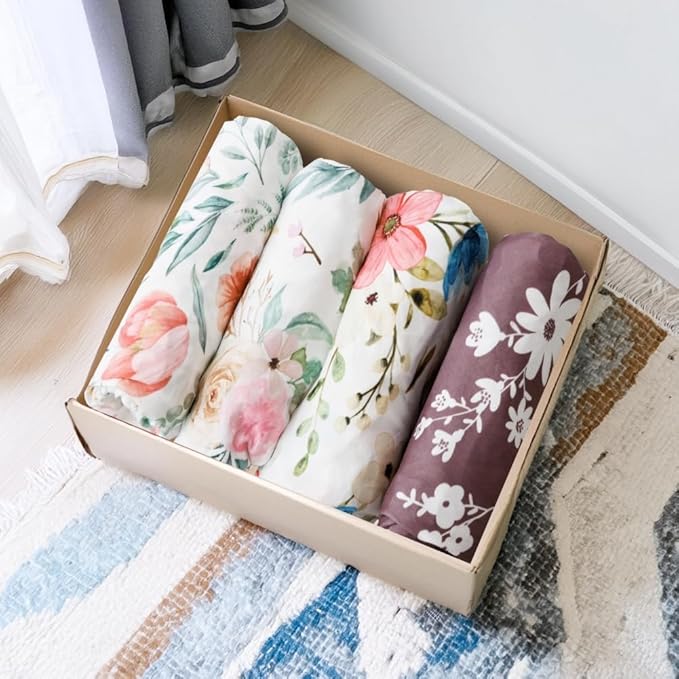 4 Pack Baby Girl Bassinet Sheets Set Soft Fitted Floral or Elephant Theme Baby Girl Mattress Covers Breathable Toddler Bed Sheets for Infant or Newborn Girls (Flower, Bassinet Sheets)