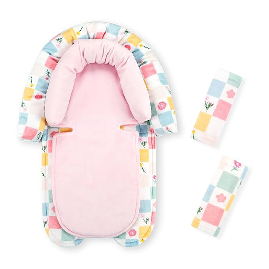SWESEN Baby Car Seat Head Support, Super Soft 2 in 1 Infant Car Seat Insert for Girls, Reversible Newborn Car Seat Insert Cushion with Strap Covers for Strollers, Bouncers, Swing, Plaid and Floral
