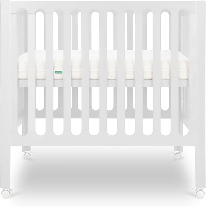 Newton Baby Galileo Mini Crib Solid Beech Wood with Wheels in White Color, Adjustable Mattress Height, Ultra-Safe Non-Toxic Finish, Mini Crib Mattress Included