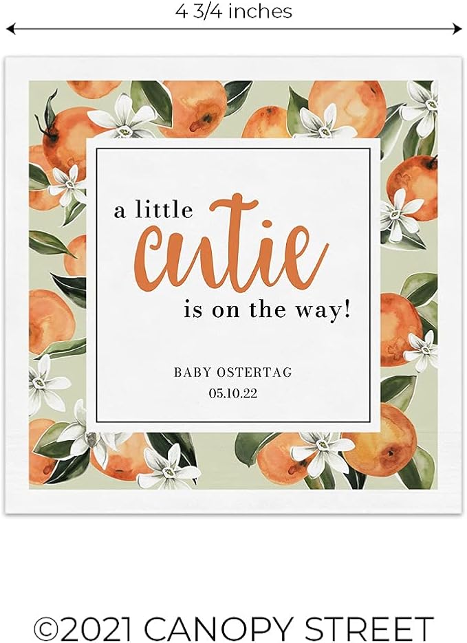 Little Cutie Personalized Baby Shower Napkins / 100 Clementine 4 3/4" x 4 3/4" Beverage Napkins/Gender Neutral Baby Citrus Party Napkins/Made In The USA
