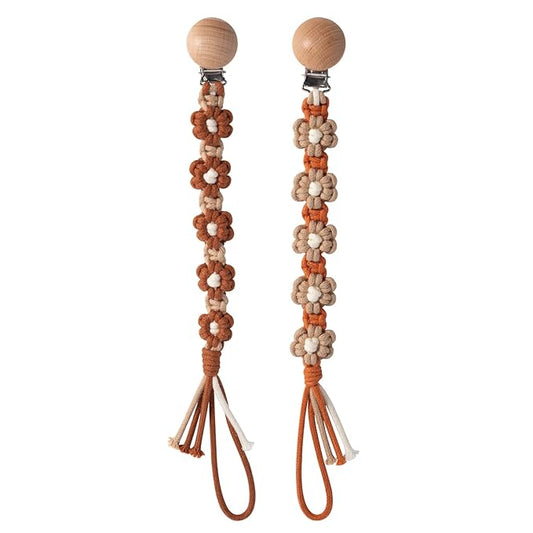 Pacifier Clip for Boys Baby Girls Floral Daisy Macrame Paci Clip Boho Wooden Clips Handmade Braided Cotton Binky Clips Pacifier Holder Leash Birthday Gift