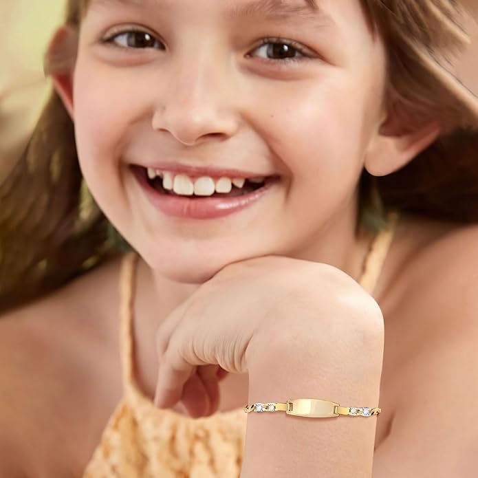 Personalized Baby ID Bracelet - 18K Gold Plated Tri-Color Chain Custom Name ID Plate Bar Bracelet for Children Toddler from Mom,Engraved Kid Name Customized Birthday,Back To School Gift for Daughter