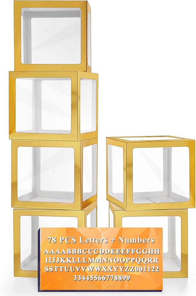 Ledido Gold Transparent Balloon Boxes with 78 Letters, Baby Boxes with Letters for Baby Shower Clear Letter Boxes for Party Graduation Wedding Birthday Baby Shower Decorations 6 PCS