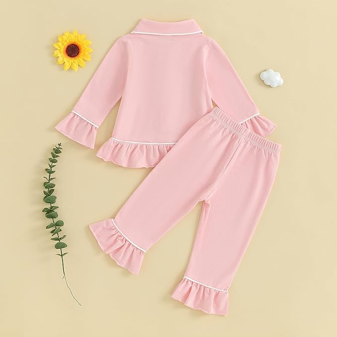 Toddler Kids Baby Girl Solid Pjs Ruffle Long Sleeve Button Shirt Top and Pants Cotton 2Piece Pajamas Set