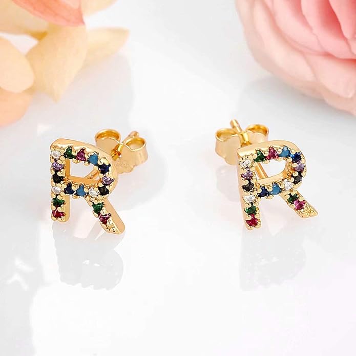 Memorjew Initial Stud Earrings for Women, Hypoallergenic 925 Sterling Silver Post Rainbow Cubic Zirconia Gold Plated 26 Initial Earrings for Women Jewelry Gifts