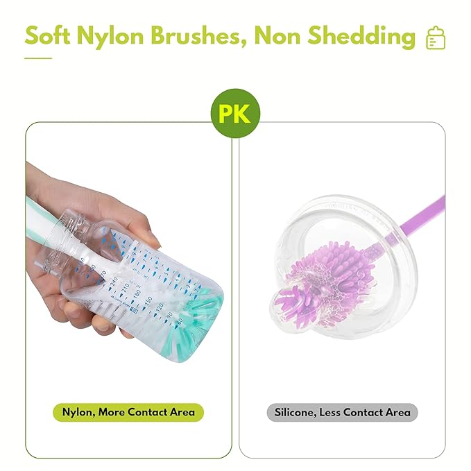 Baby Bottle Brush with One Base Hidden Nylon Nipple Cleaner, 2 Pcs Sponge Nipple Brushes, 2 Pcs Straw Brushes, Bottle Brush with Nipple Cleaner and Suction Cup (Green)