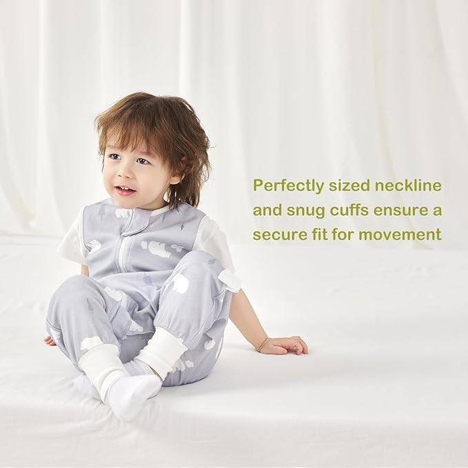 2 Pack Super Soft 0.5 TOG Sleep Sack with Legs, 100% Organic Cotton Side Open Toddler Sleep Sack with Feet, Bear & Bluebell, Size L