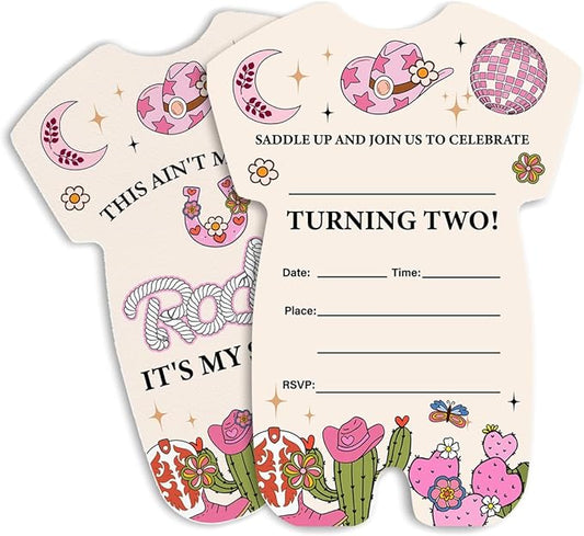 LyoGao Cowgirl 2nd Birthday Invitations - Rodeo Southwestern Western Cowgirl Second Birthday Party Fill in Invites Cards With Envelopes (20 Pack)