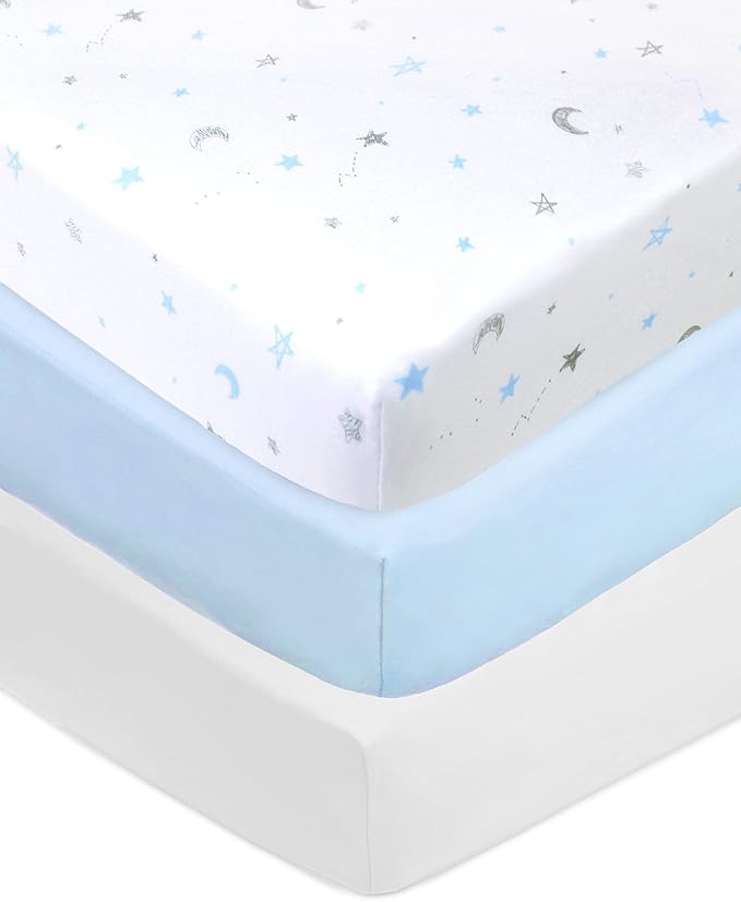 American Baby Company 3 Pack 100% Natural Cotton Fitted Crib Sheets 52" x 28" - Soft, Breathable, Hypoallergenic & Gentle Toddler Bed Sheets, Blue Stars/Blue/White, Neutral for Boys & Girls