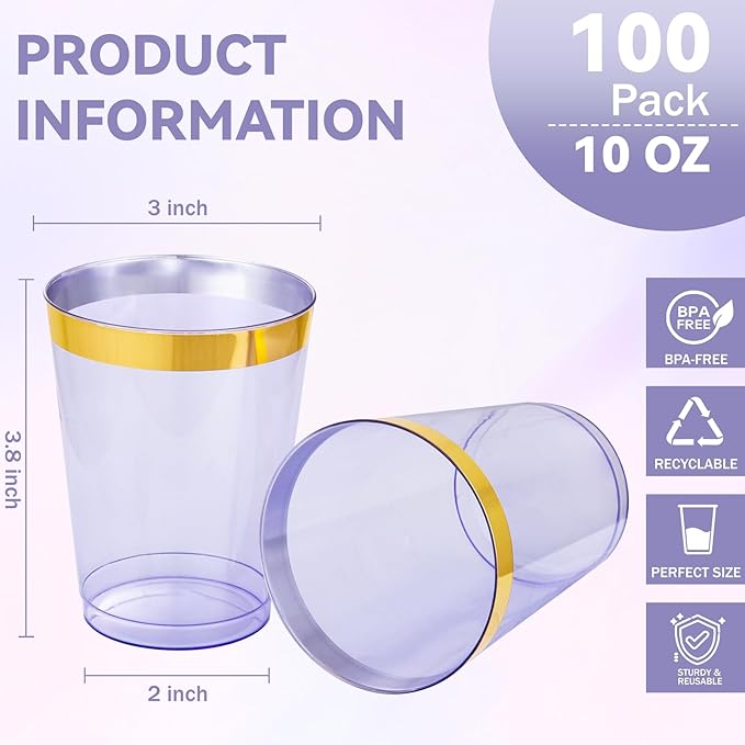 supernal 100 Pack Purple Plastic Cups - 10 Oz Clear Disposable Cups with Gold Trim,Clear Purple Plastic Cocktail Glasses Perfect for Weddings,Birthday,Parties & Elegant Events,Disposable Wine Glasses