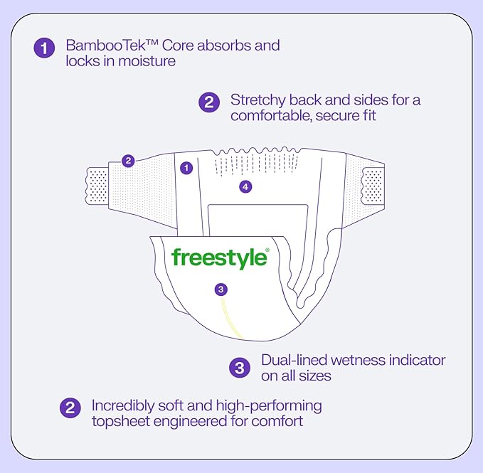 Freestyle BambooTek Diaper – (Size 5) Hyper Absorbent & Non-Toxic – Disposable Diaper for Sensitive Skin – Ultra Soft Diapers (25+ lbs) – 132 Count