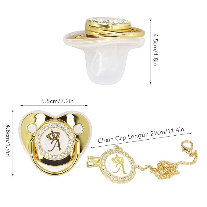Personalized Golden Letter Baby Pacifier with Bling Design, Clips, Anti-Dust Cover for Newborn Photography, Letter A