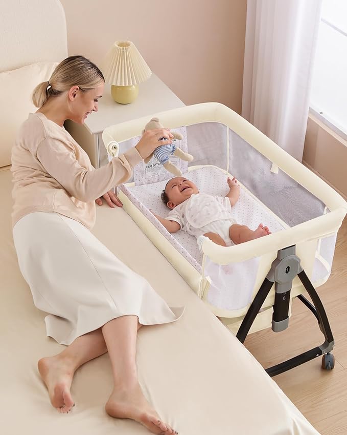 3 in 1 Baby Bassine Crib with Breathable Mesh, Bassinet Bedside Sleeper with Wheels, Mosquito Net, Storage Basket, 6 Height Adjustable, Easy to Fold, Rocking Bassinet for Baby
