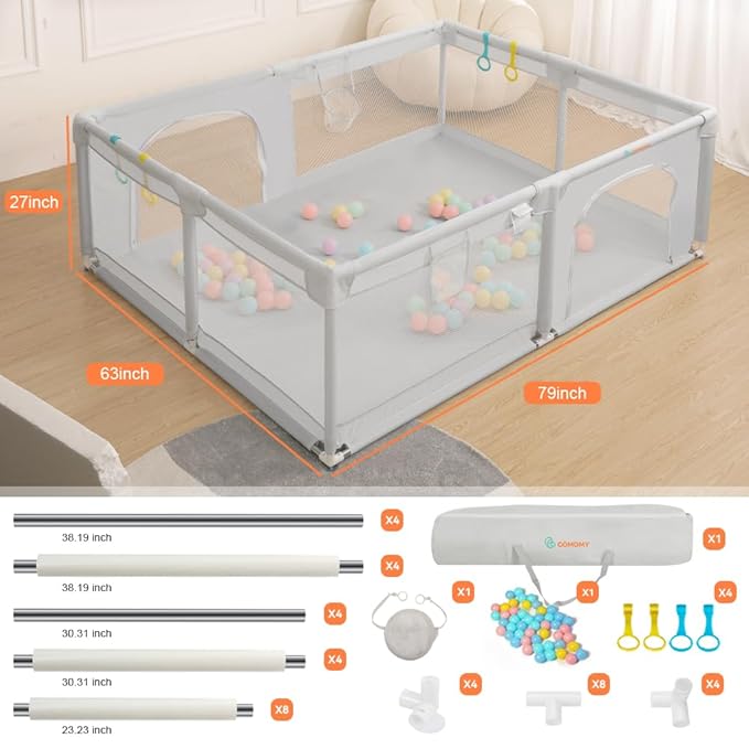 COMOMY Playpens for Babies and Toddlers, 79"x63" Baby Playard Extra Large, Safe and Non-Slip Baby Fence, Full Mesh Design, Indoor & Outdoor Kids Activity Center, Baby Play Pens (Beige)