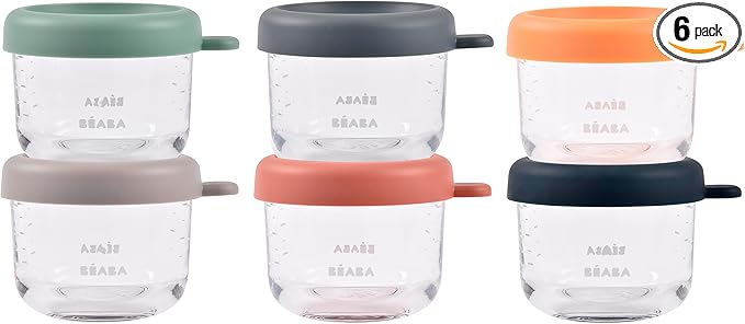 BEABA 6 Pack Glass Baby Food Jars with Soft Silicone Air Tight Lids, 5 oz Glass Storage Containers with Lids, Microwave and Freezer Safe Containers, Sunrise