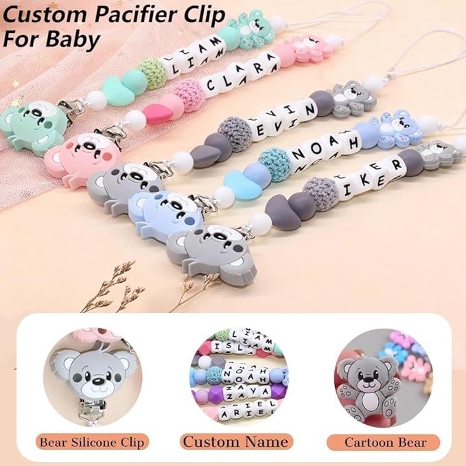 Personalized Pacifier Clip with Name,Custom Bear Pacifier Clips for Newborn Baby Boy Girls