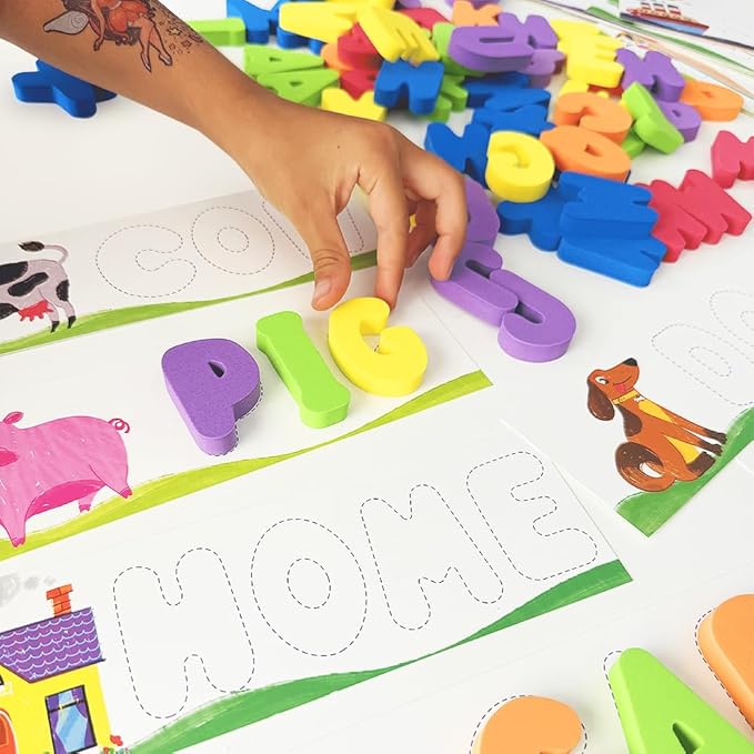 See & Spell Learning Educational Toys - Letters Match-up - CVC Word Builder Learn Alphabet in Game - 30 Double-Sided Flash Cards - Set 102pcs - Bath Foam Letters