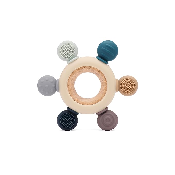 Baby Silicone Teething Ring Teether Gift Set for Boys and Girls Over 3 Months Soothes Gums Fits Small Hands Ergonomic Design Set of 4 Toys Ideal Gift Box BPA Free