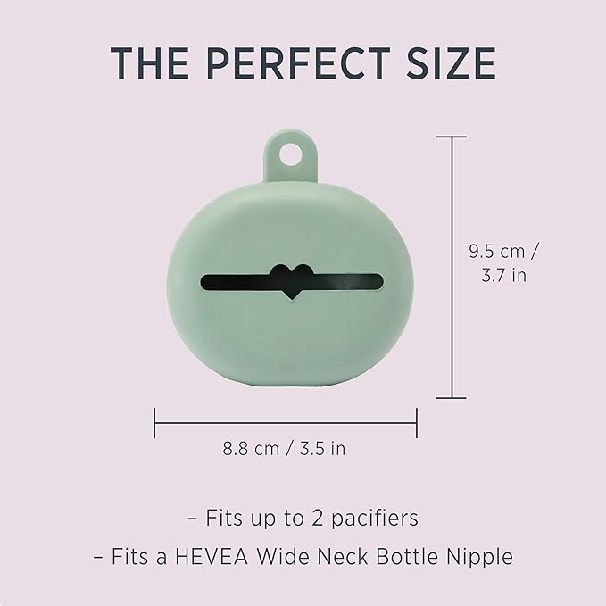 HEVEA Natural Rubber Pacifier Holder Case - 100% Natural Rubber - Danish Design Hygienic Holder for Pacifiers & Bottle Nipples, Easily Attaches to Bags & Strollers, BPA-Free, Vegan - Seafoam Blue