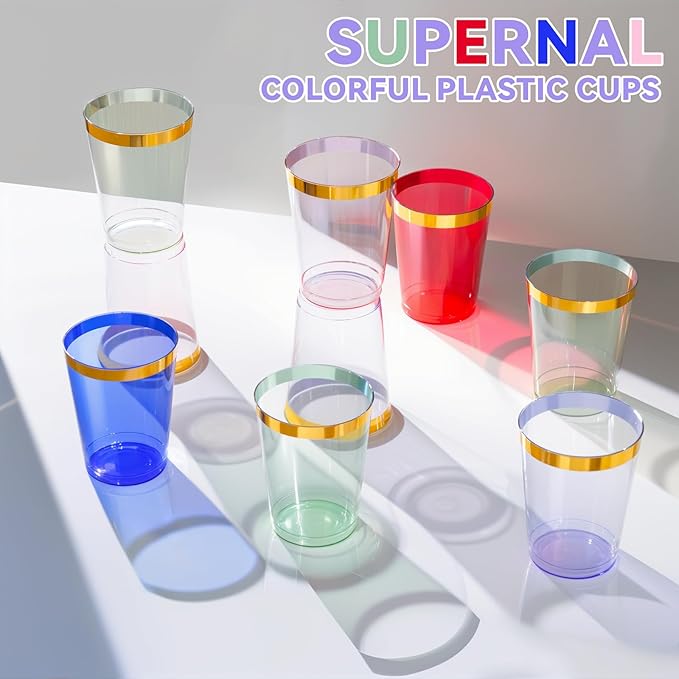 supernal 100 Pack Purple Plastic Cups - 10 Oz Clear Disposable Cups with Gold Trim,Clear Purple Plastic Cocktail Glasses Perfect for Weddings,Birthday,Parties & Elegant Events,Disposable Wine Glasses