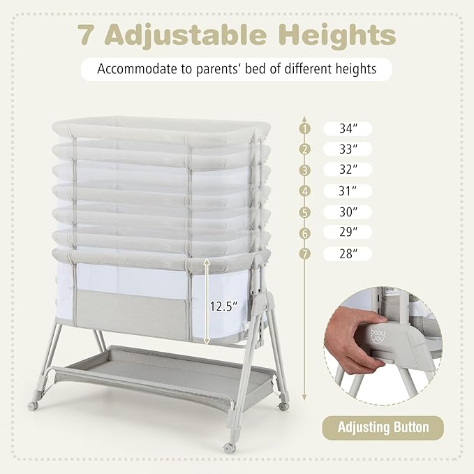 BABY JOY Bassinet Bedside Sleeper, Easy Folding Baby Crib w/All-Side Mesh, Storage Shelf, 7 Adjustable Heights, Mattress & Travel Bag for Safe Co-Sleeping, Portable Baby Bed for Newborn Infant -Gray