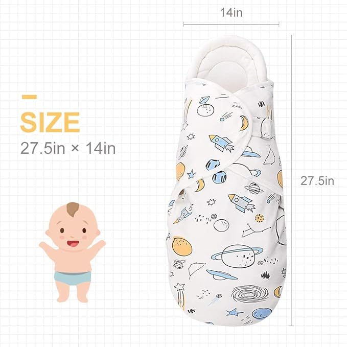 Organic Cotton Baby Swaddle Blankets, Unisex Baby Blanket Wrap for Newborn Baby Boys Girls, Skin Friendly Wearable Swaddling Sleep Sack Calms Startle Reflex (Planet, White, 0-3 Months + 3-6 Months)