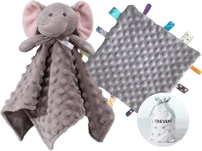 CREVENT Cozy Plush Baby Security Blanket Loveys for Baby Boys and Girls, Minky Dot Front + Sherpa Backing with Animal Head (Grey Elephant + Tag)