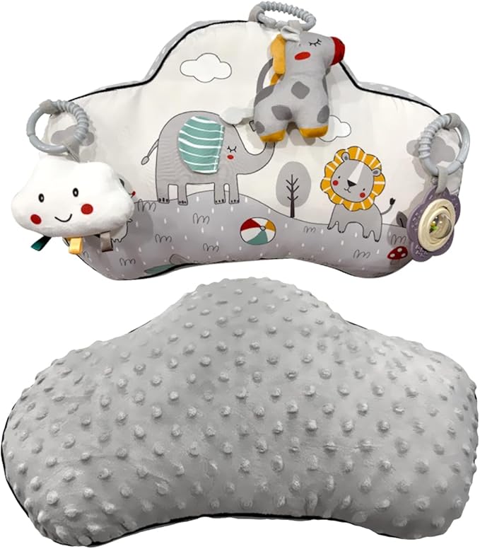 Tummy Time Pillow with 3 Detachable Sensory Toys - Infant Head Support & Neck Strengthening Mat - Soft & Breathable Baby Gym Play Pillow - Machine Washable (Safari Animals)