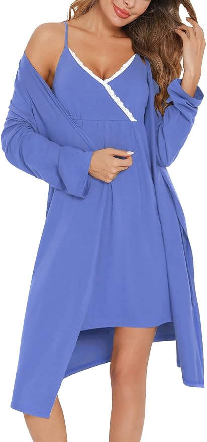 SWOMOG Womens Maternity Robe 2 Piece Nursing Nightgown for Breastfeeding 3 in 1 Labor Delivery Nursing Dress Lace Bathrobe