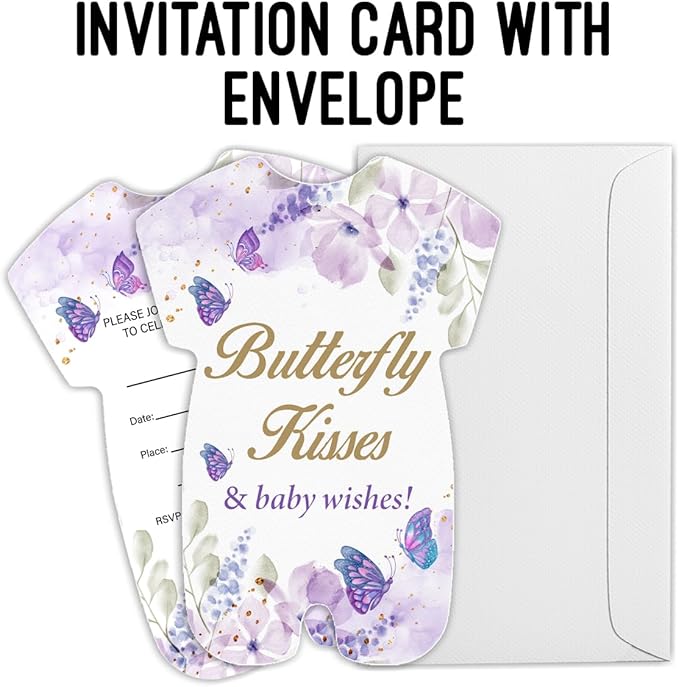 LyoGao Butterfly Baby Shower Invitations for Girl - Floral Butterflies Theme Butterfly Kisses and Baby Wishes Baby Shower Party Fill in Invites Cards With Envelopes (20 Pack)
