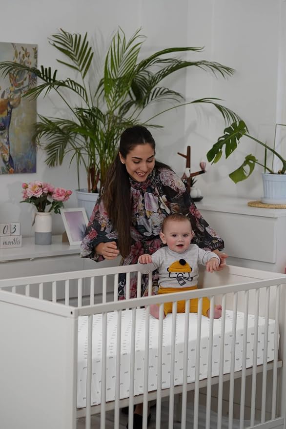 BaeBae Goods Premium Crib Sheets for Baby Boys and Girls, 4 Pack, Soft and Breathable Jersey Knit Fitted Sheet Set, Grey and White, Cute Gender Neutral Nursery Mattress Bedding, Universal Fit
