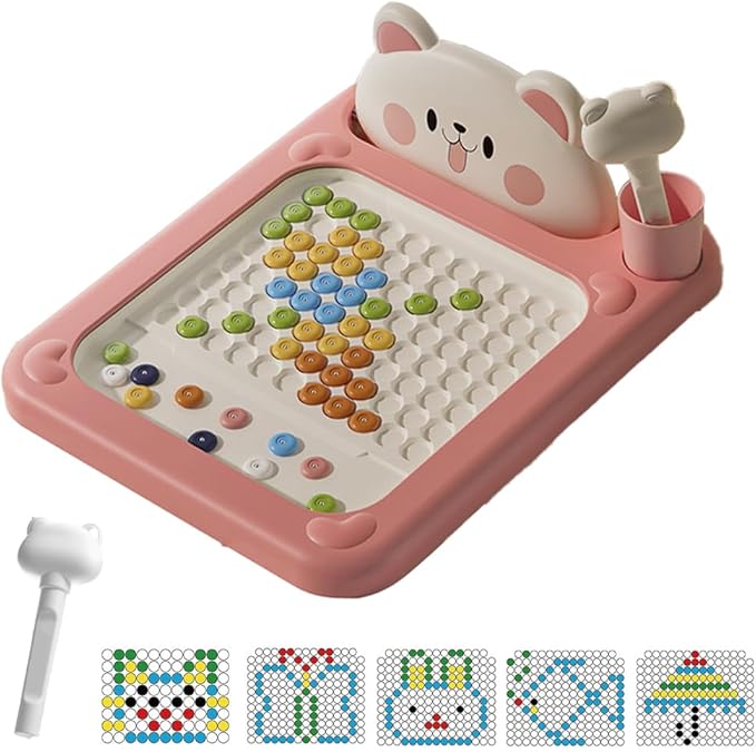 Cartoon Magnetic Drawing Board, Shiba and Bear Dot Art,Interactive Bead Art Board with Pen, Shiba Inu Bear Styles, Travel Board for Creativity, Fine Motor Skills (Pink, Small)