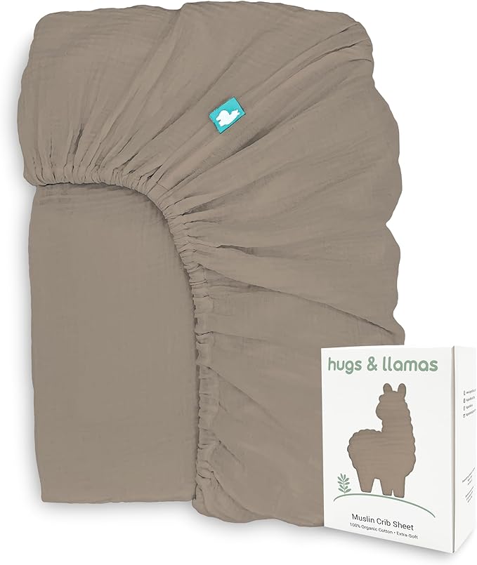 Hugs & Llamas | 100% Organic Cotton Muslin Fitted Crib Sheet | Baby Crib Sheets for Boys & Girls - Neutral (Cocoa Essence)