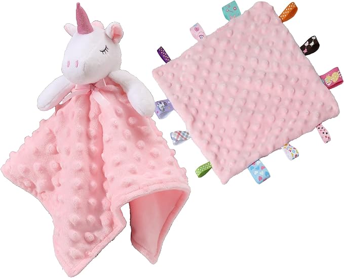 CREVENT Cozy Plush Baby Security Blanket Loveys for Baby Girls, Minky Dot Front + Sherpa Backing with Animal Face (Pink Unicorn + Tag)