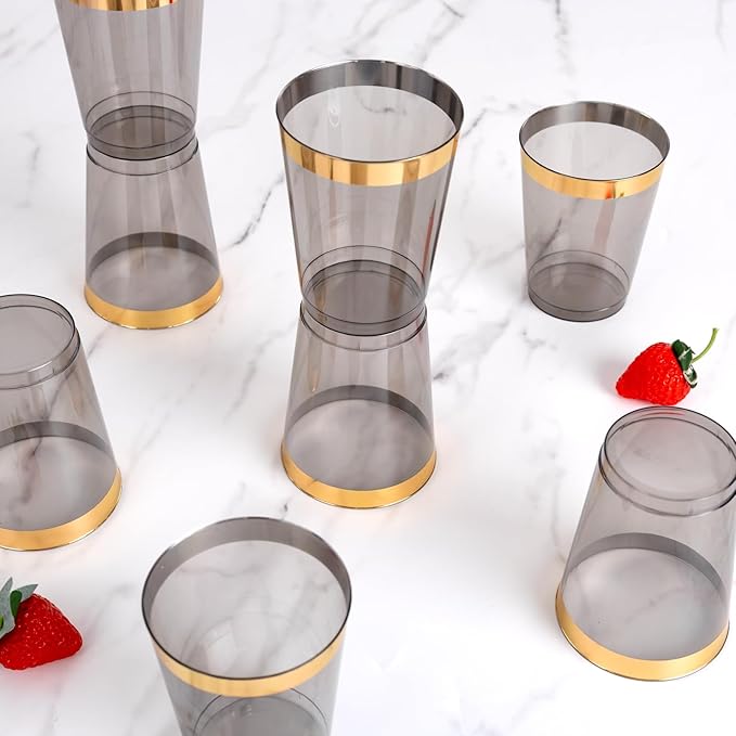 supernal 200 Pcs Gold and Black Plastic Cups,10Oz Gold Rimmed Disposable Cup,Heavy-Dut yPlastic Cocktail Cup for Party,Disposable party Wedding Cups,Perfect for Holiday,Birthday Party