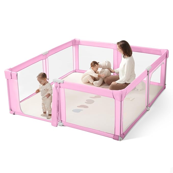 Baby Playpen Portable, Pre-Assembled Play Pen 71x79 Large Foldable Playpen for Babies and Toddlers, Sturdy and Safe Toddler Play Yard Indoor Outdoor with Carry Bag, Pink