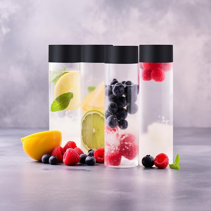Tanlade 24 Pcs Clear Plastic Bottles Empty Sensory Bottles with Caps PET Plastic Juice Reusable Leakproof Drink Container Bulk for Juice Milk(10 Oz/ 300 ml,Black Lid)