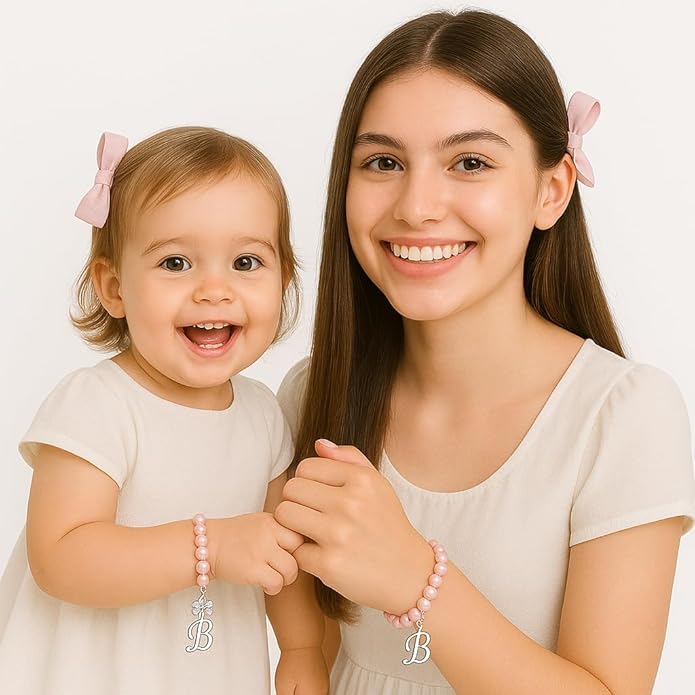 925 Sterling Silver Daisy Initial Bracelet, Pink Pearl Charm Bracelet with A-Z Letter Charms, Personalized Baby jewelry, Baptism Gifts for Girl, Birthday Gifts, Bracelets for Girls
