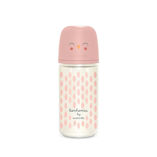 Suavinex Bonhomia Glass Baby Bottle with SX PRO Silicone Nipple, Anti Colic Baby Bottles, Baby Bottles for Breastfed Babies, Medium Flow, 3mo, 8oz, Pink