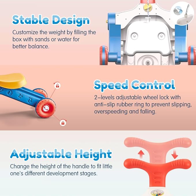 Baby Walker 5 in 1,VATOS Sit-to-Stand Learning Walker,Assemble as Scooter/Balance Bike/Push Walker/Activity Table/Detachable Panel,Push Walkers Toys with Music for Toddlers Infant Boys Girls