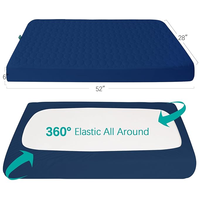 Crib Mattress Protector Waterproof, Soft Breathable Toddler Mattress Pad Cover, Crib Size Fitted Sheets Fit for Baby Toddler Bed Mattress (Standard Size 52” x 28”), Navy Blue