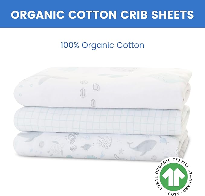 Delta Children Fitted Crib Sheets for Girls and Boys - 100% Organic Cotton Crib Sheet for Standard Crib and Toddler Mattresses - 28x52 Inch - GOTS Certified (Pack of 3), Sea Life