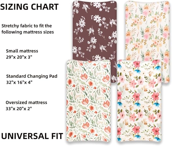 4 Pack Baby Girl Changing Pad Covers Sheets Set Soft Fitted Floral or Elephant Theme Baby Girl Mattress Covers Breathable Toddler Bed Sheets for Infant or Newborn Girls (Flower, Changing Pad Covers)